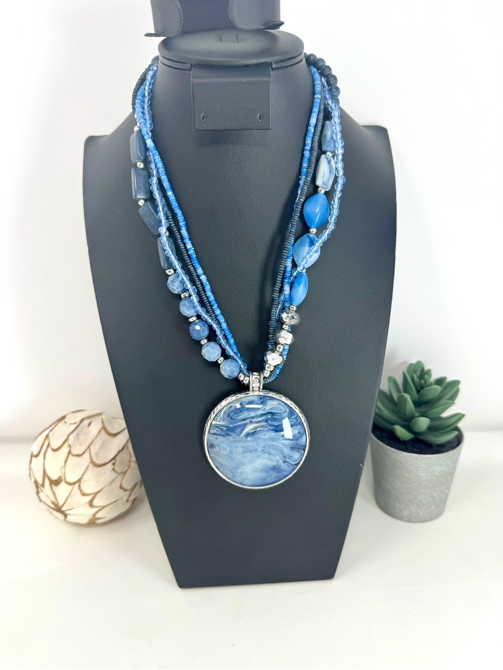 Unbranded Multi-Strand Ocean Blue Statement Necklace Chunky Coastal Boho Layered